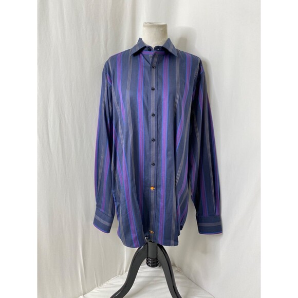 Mens XL Button Down Shirt Thomas Dean Blue and Purple Striped Long Sleeve - Picture 2 of 9
